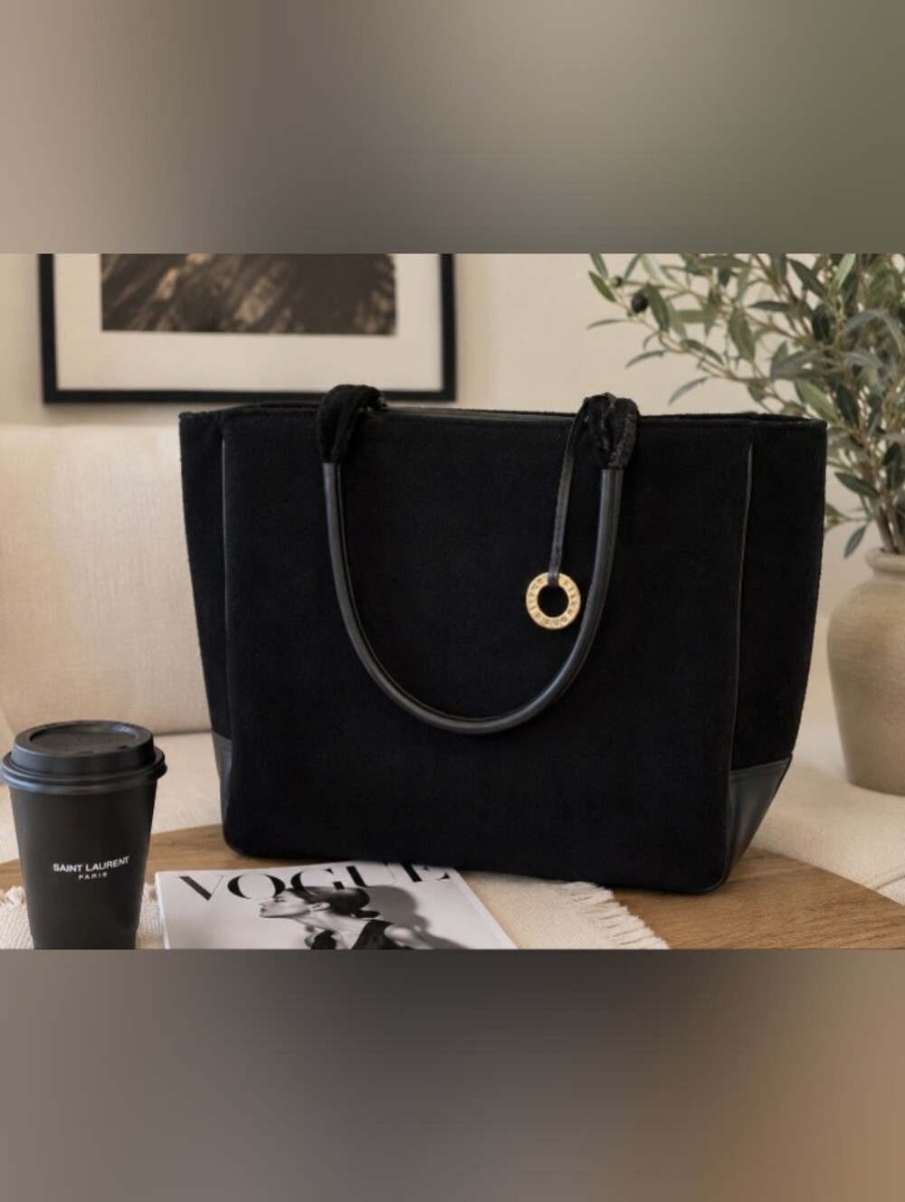 Givenchy Parfums Black Wool Blend Large Tote Bag Red Lined Bag Charm
